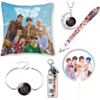 BTS Gift Set, BTS Fan Item, BTS Merchandise, BTS Fans Gift Set, BTS Cushion Cover, Portable Mirror, BTS Lanyard, Keyring, Circular Hand Fan BTS Fans Gift